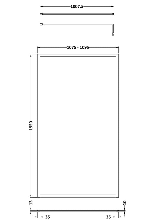 Full Outer Frame Wetroom Screens Full Outer Frame Wetroom 8mm Toughened Safety Glass Screen & Support Bar 1950mm x 1100mm x 8mm