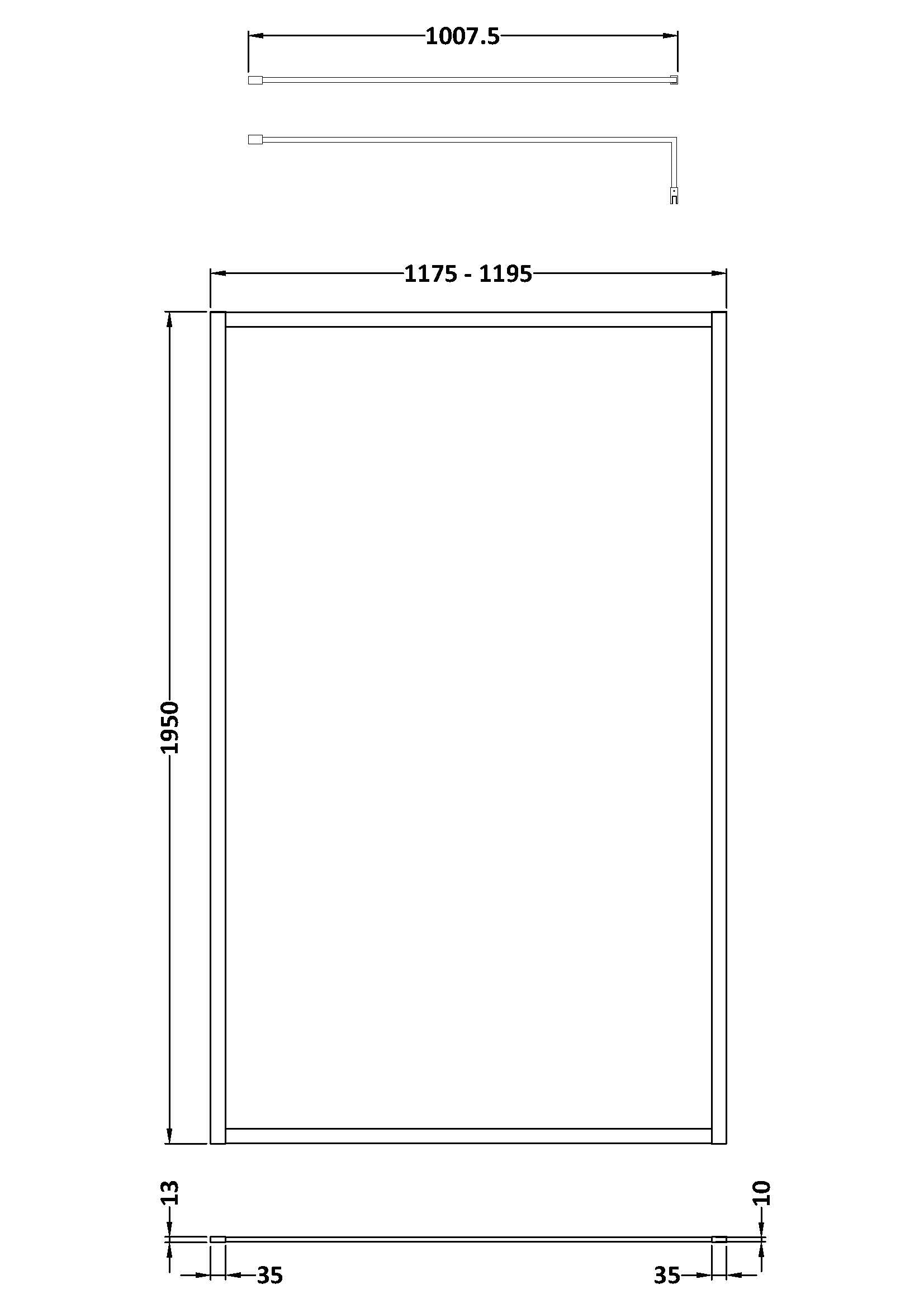 Full Outer Frame Wetroom Screens Full Outer Frame Wetroom 8mm Toughened Safety Glass Screen & Support Bar 1950mm x 1200mm x 8mm