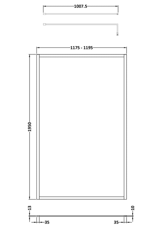 Full Outer Frame Wetroom Screens Full Outer Frame Wetroom 8mm Toughened Safety Glass Screen & Support Bar 1950mm x 1200mm x 8mm