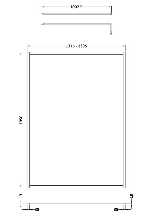 Full Outer Frame Wetroom Screens Full Outer Frame Wetroom 8mm Toughened Safety Glass Screen & Support Bar 1950mm x 1400mm x 8mm