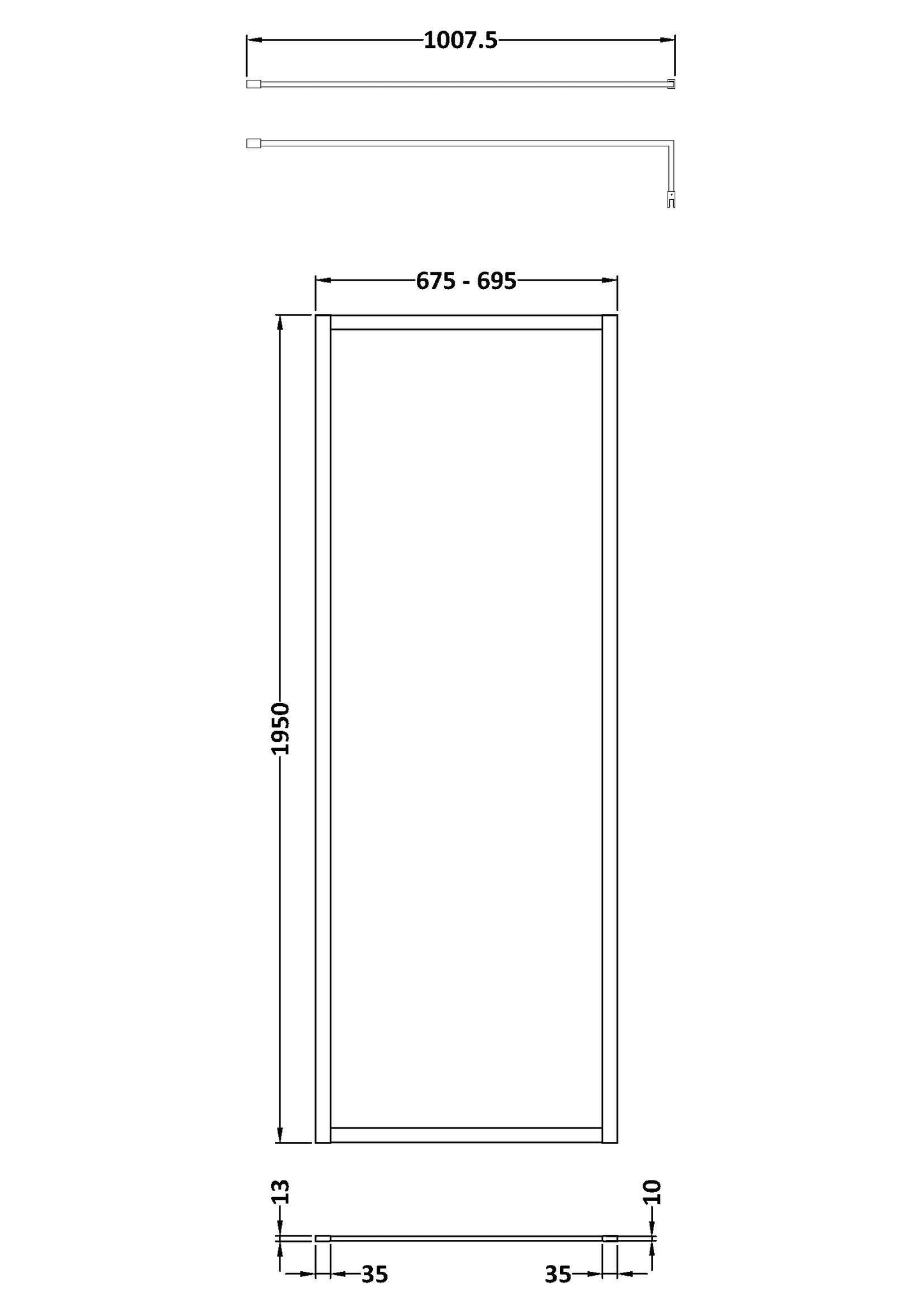 Full Outer Frame Wetroom Screens Full Outer Frame Wetroom 8mm Toughened Safety Glass Screen & Support Bar 1950mm x 700mm x 8mm