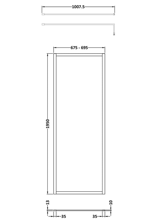 Full Outer Frame Wetroom Screens Full Outer Frame Wetroom 8mm Toughened Safety Glass Screen & Support Bar 1950mm x 700mm x 8mm