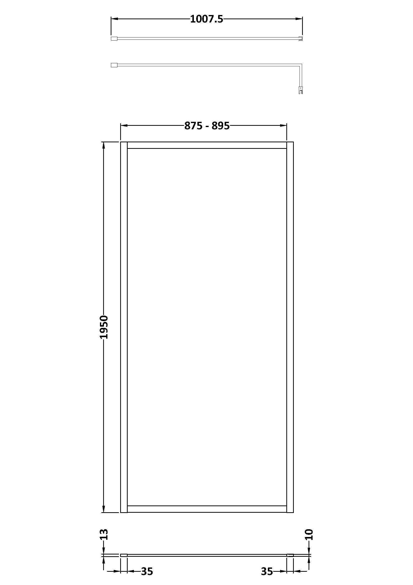 Full Outer Frame Wetroom Screens Full Outer Frame Wetroom 8mm Toughened Safety Glass Screen & Support Bar 1950mm x 900mm x 8mm