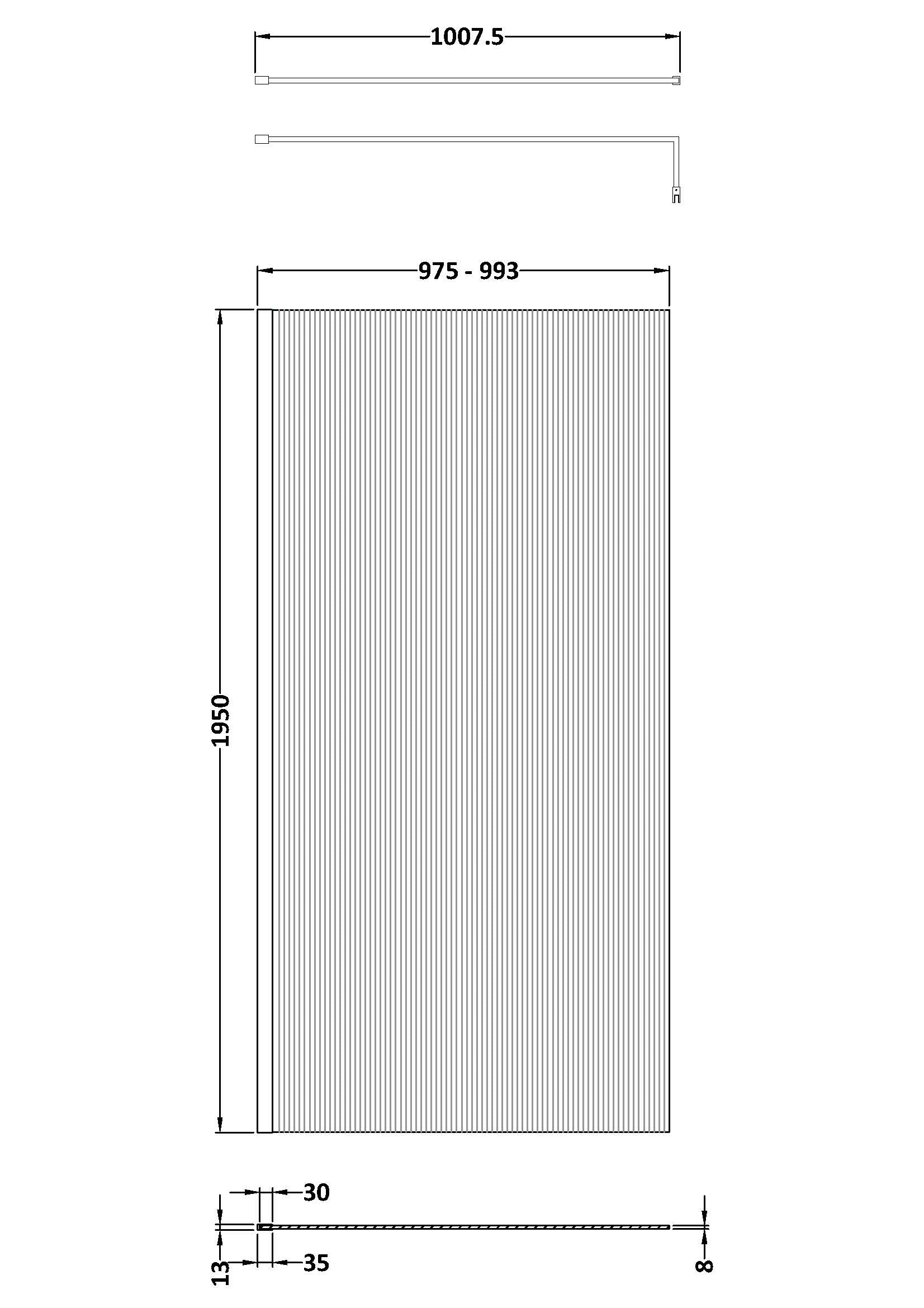 1000mm Fluted Wetroom Screen with Support Bar Brushed Brass