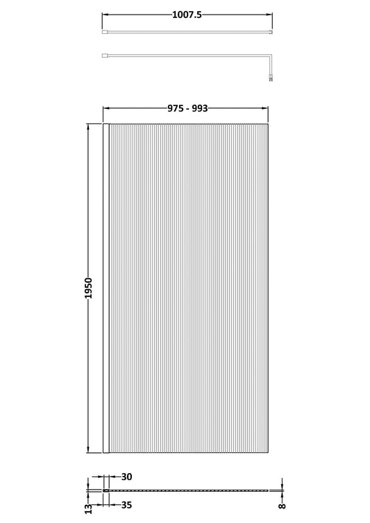 1000mm Fluted Wetroom Screen with Support Bar Matt Black