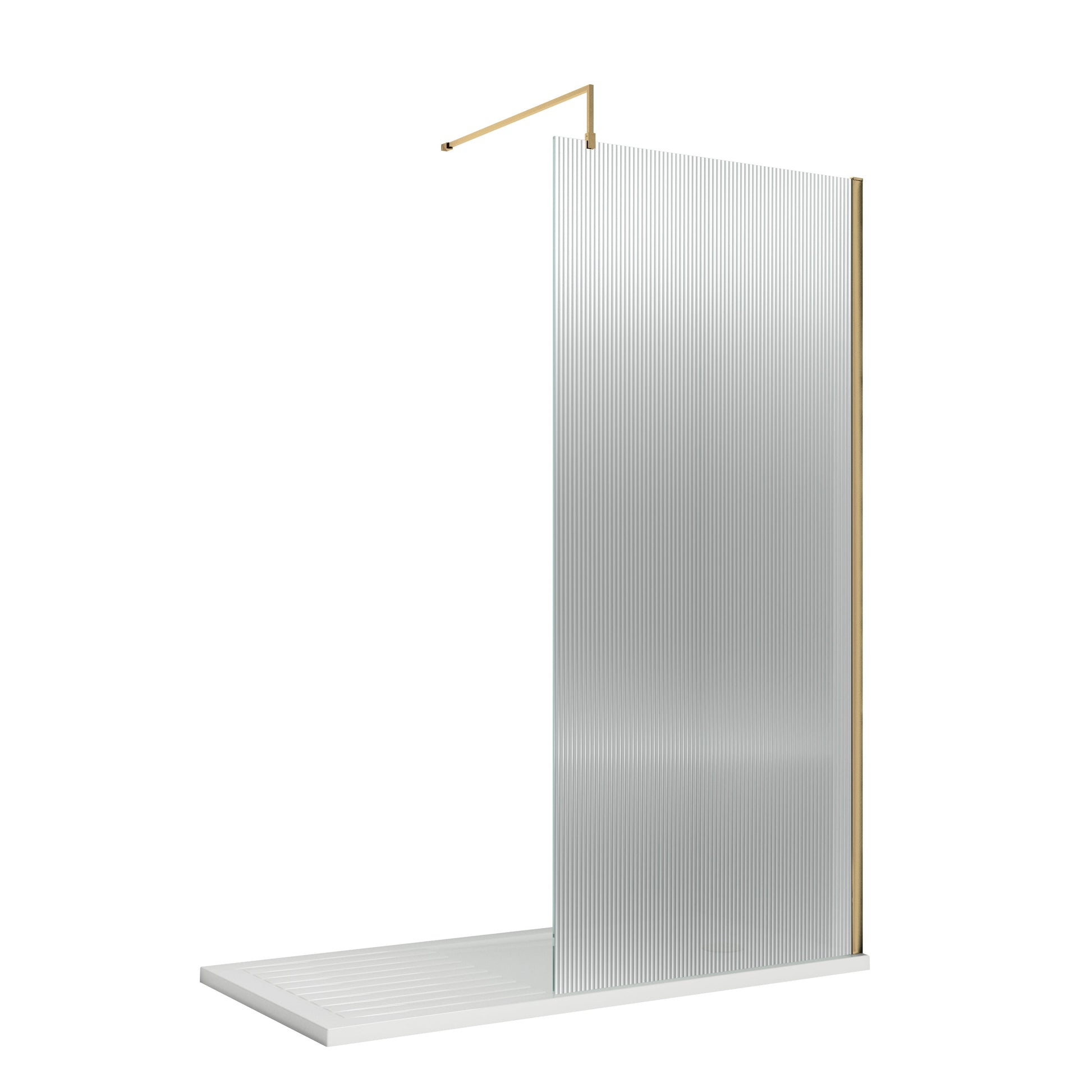 800mm Fluted Wetroom Screen with Support Bar Brushed Brass