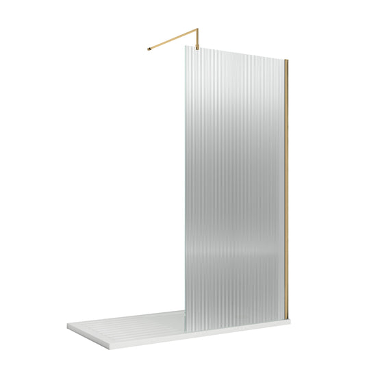 800mm Fluted Wetroom Screen with Support Bar Brushed Brass