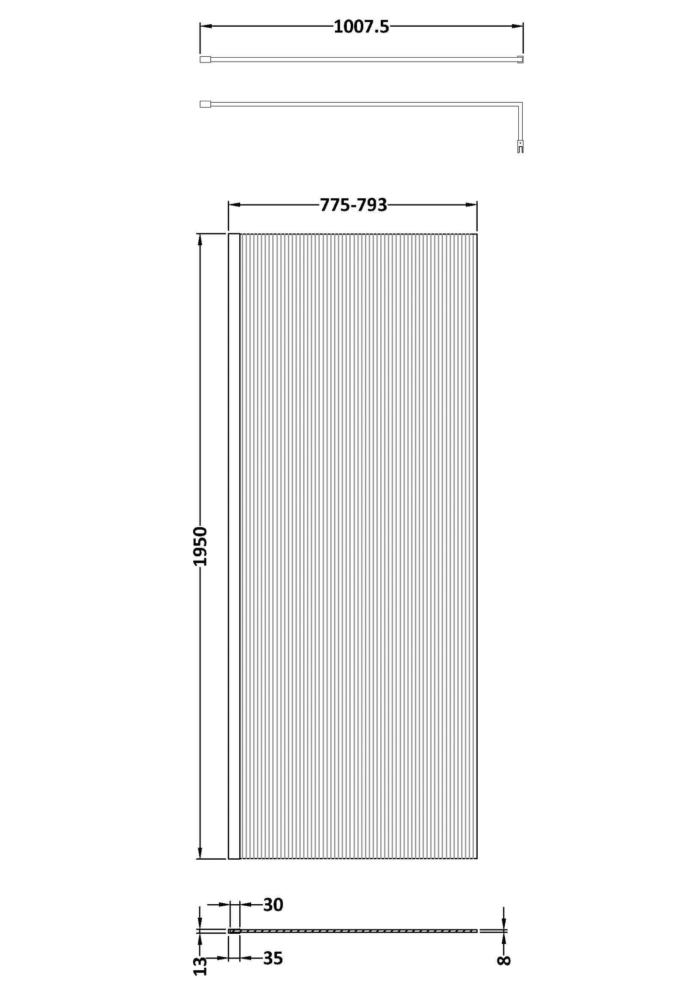 800mm Fluted Wetroom Screen with Support Bar Matt Black