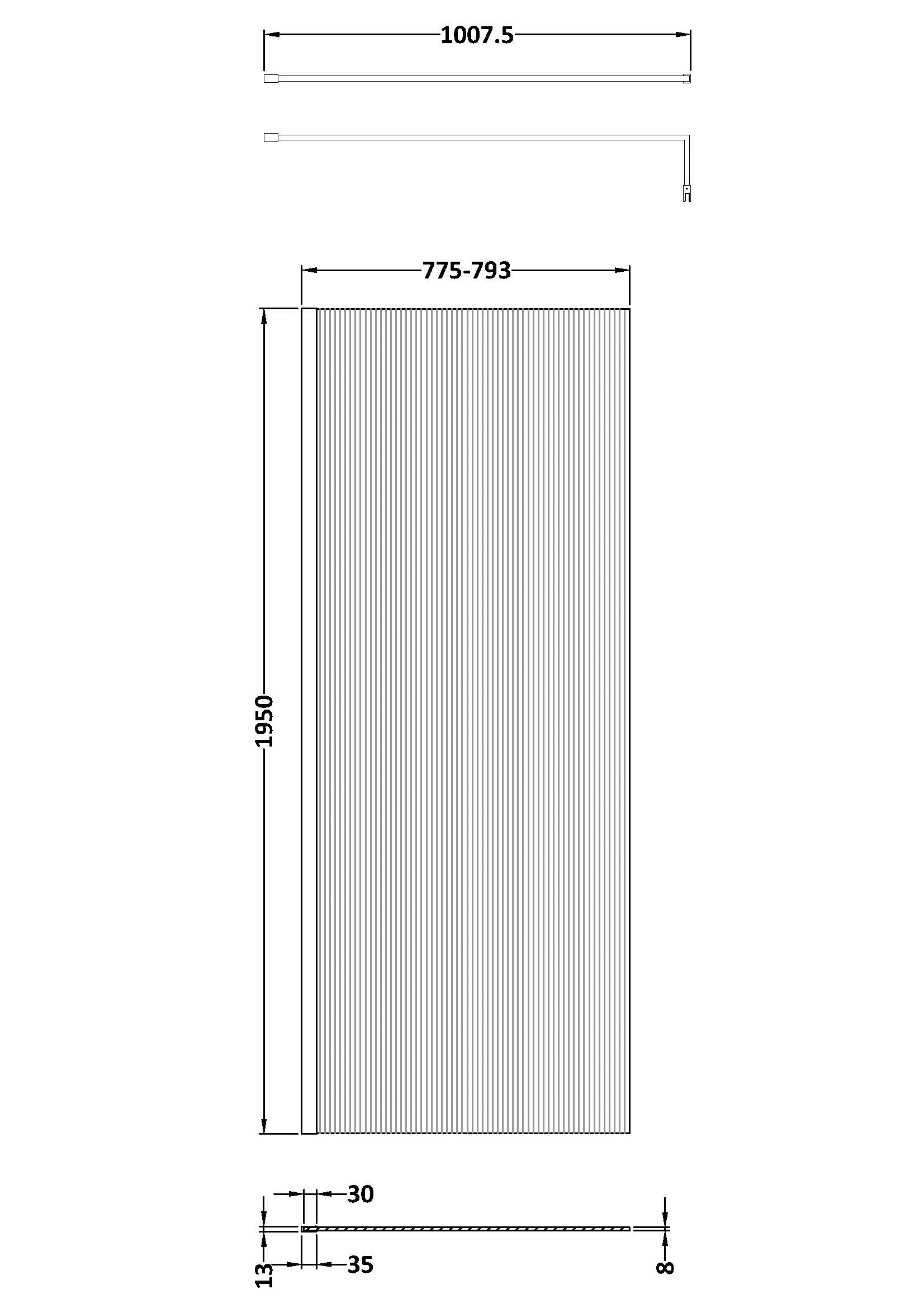 800mm Fluted Wetroom Screen with Support Bar Matt Black
