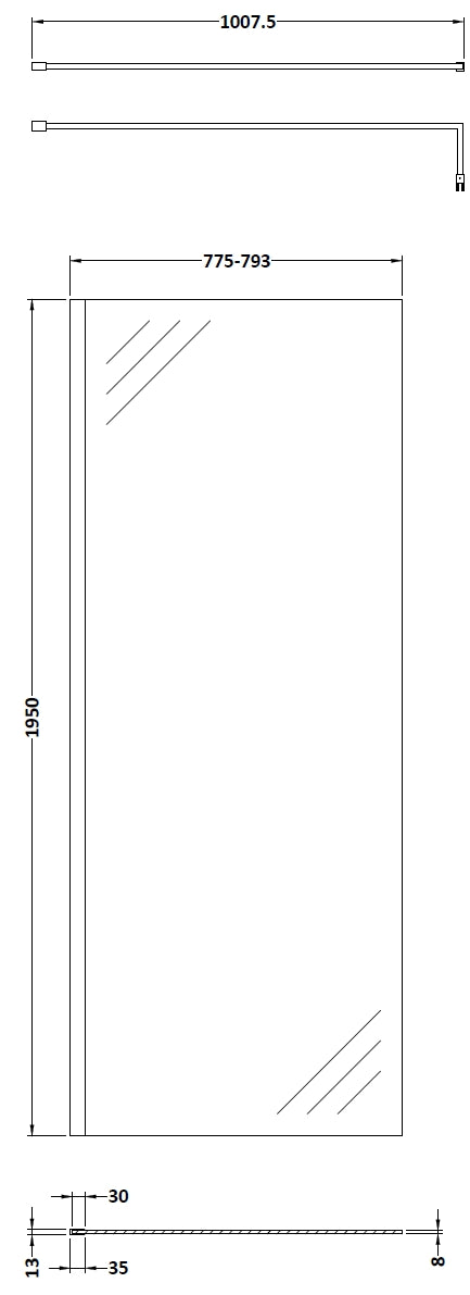 800mm Wetroom Screen & Support Bar