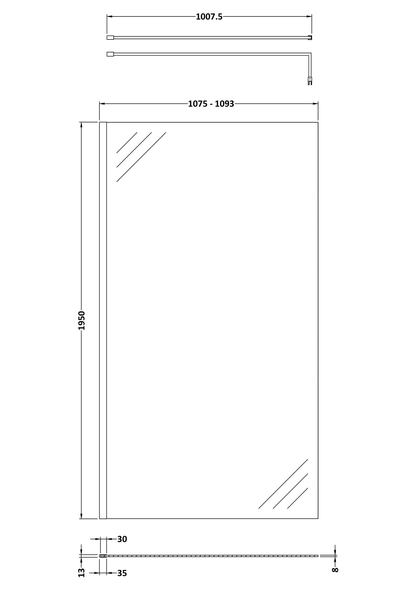 1100mm Wetroom Screen With Brass Support Bar