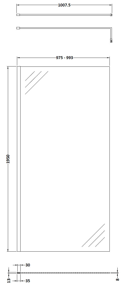 1000mm Wetroom Screen With Black Support Bar