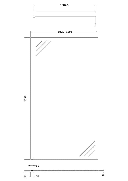 1100mm Wetroom Screen With Black Support Bar
