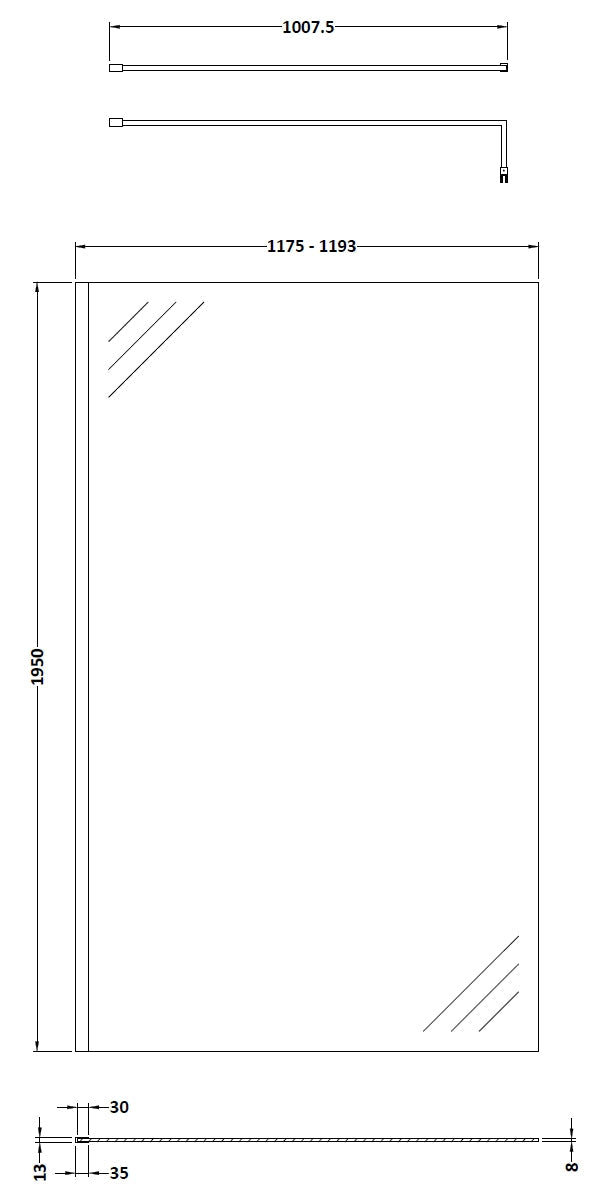 1200mm Wetroom Screen With Black Support Bar