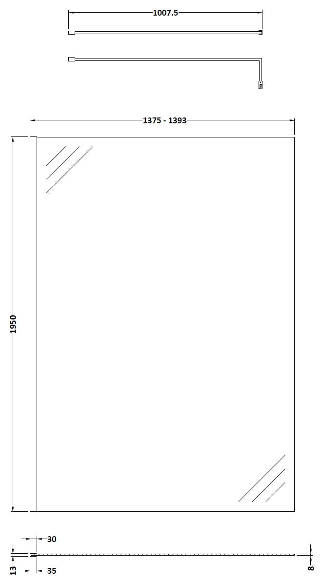 1400mm Wetroom Screen With Black Support Bar