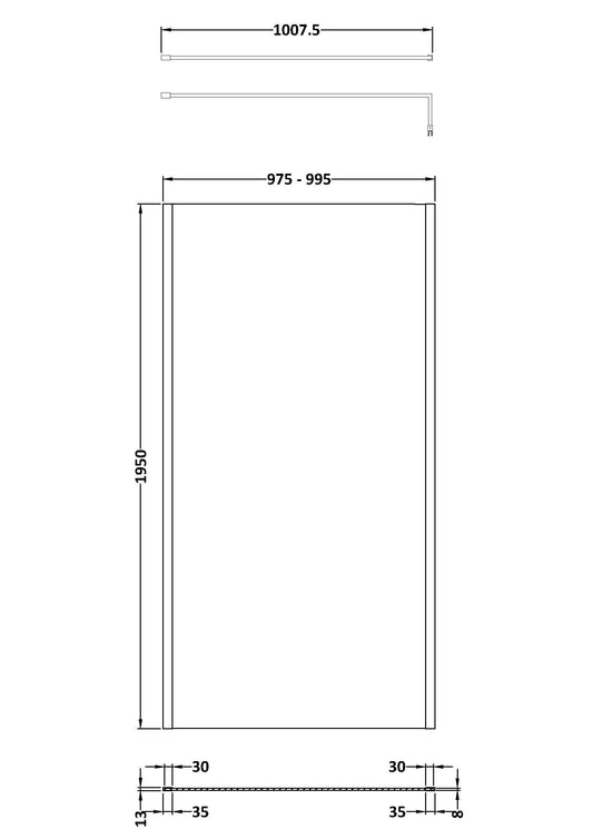 Hudson Reed 1000mm Brushed Brass Semi-Frameless Wetroom Screen With Support Bar and Profile Kit