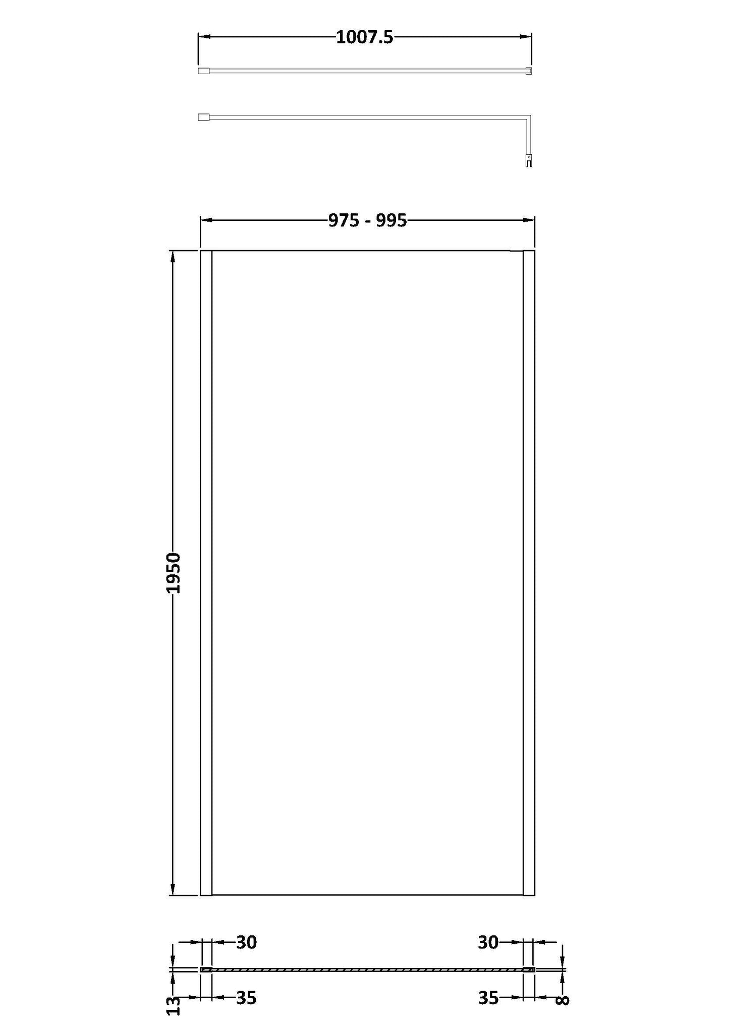 1000mm Outer Framed Wetroom Screen with Support Bar