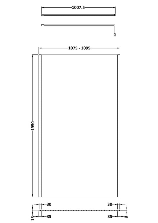 1100mm Outer Framed Wetroom Screen with Support Bar