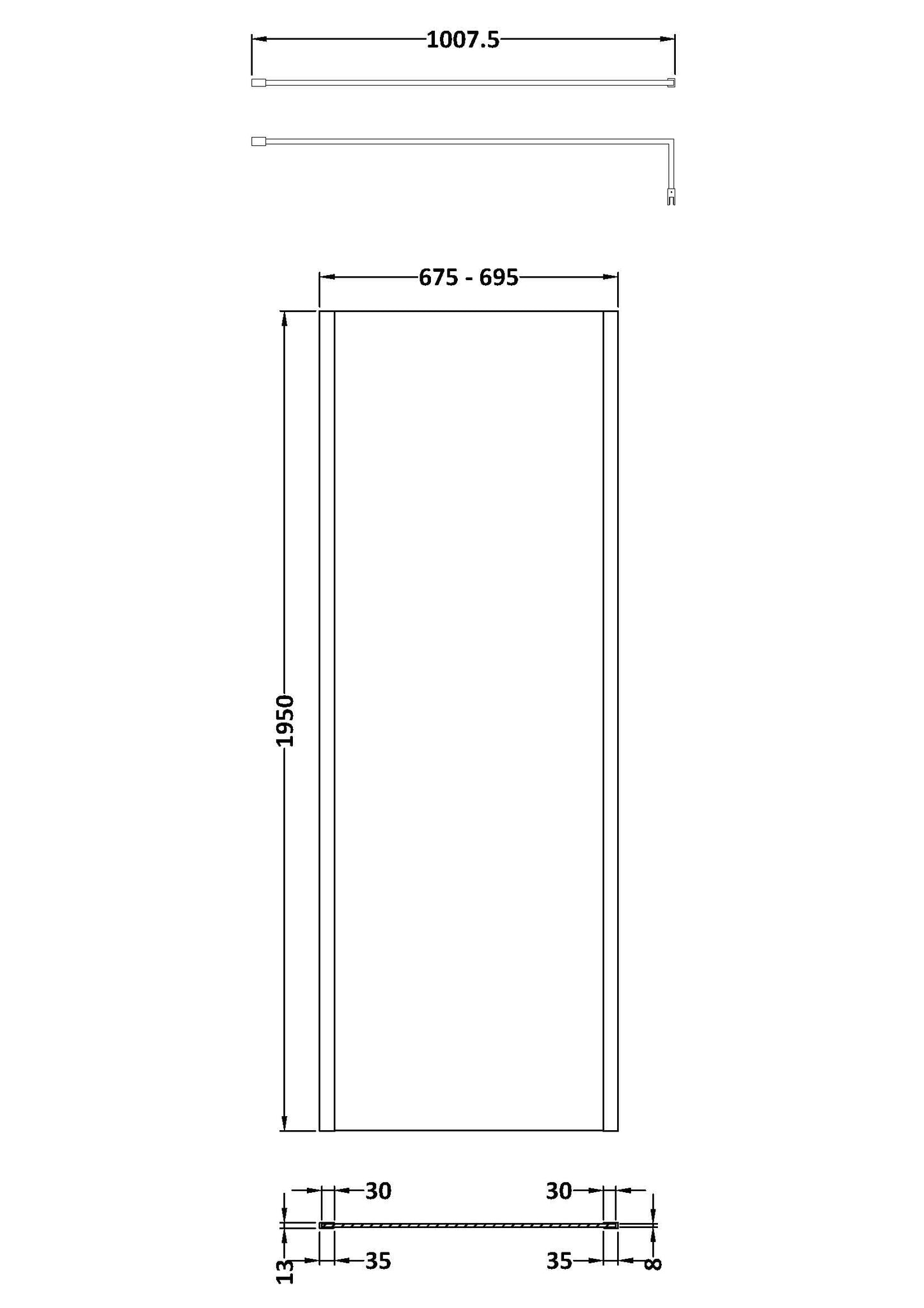 700mm Outer Framed Wetroom Screen with Support Bar