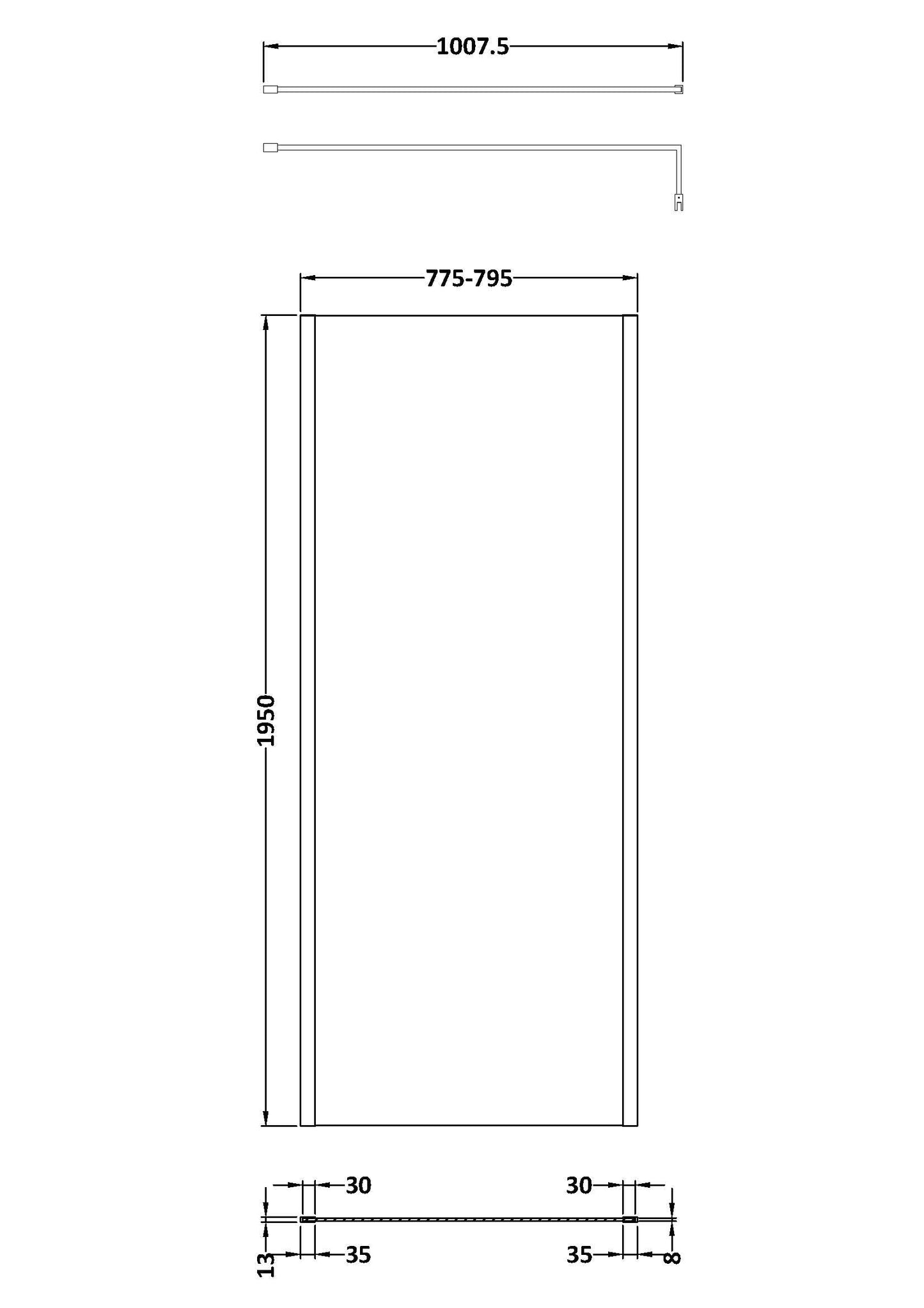 800mm Outer Framed Wetroom Screen with Support Bar