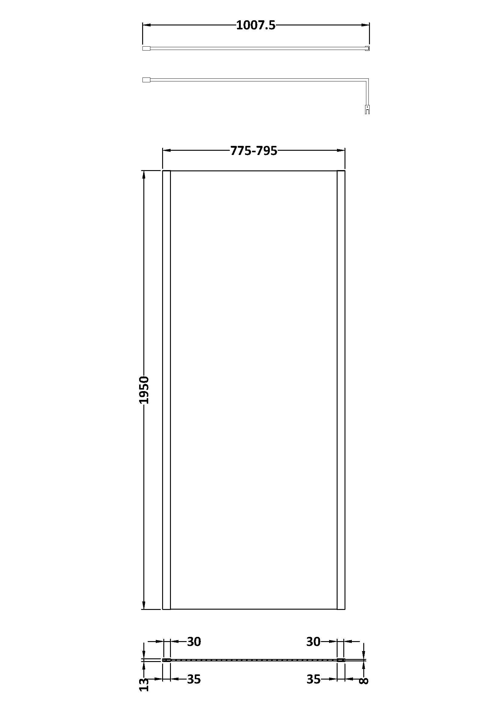 800mm Outer Framed Wetroom Screen with Support Bar