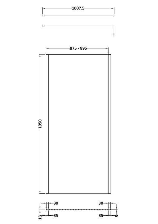 900mm Outer Framed Wetroom Screen with Support Bar