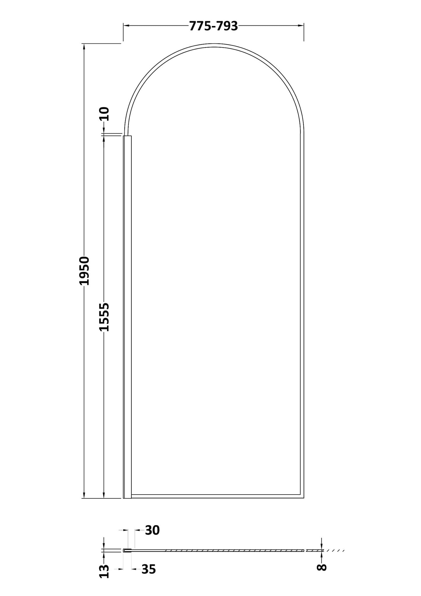 800mm Arched Wetroom Screen 8mm Glass