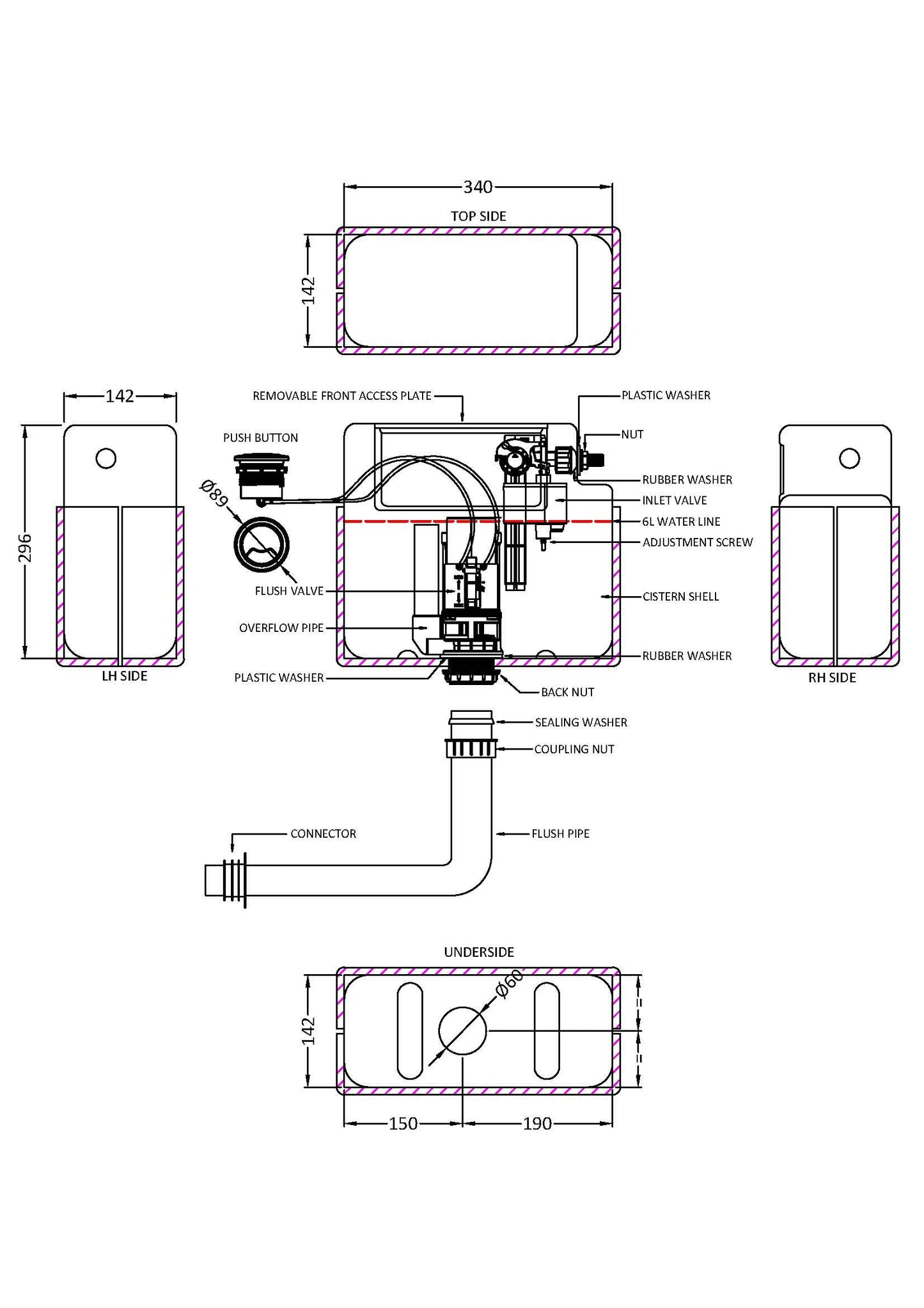 Ceramics Accessories Pneumatic Dual Flush Universal Access Concealed Cistern