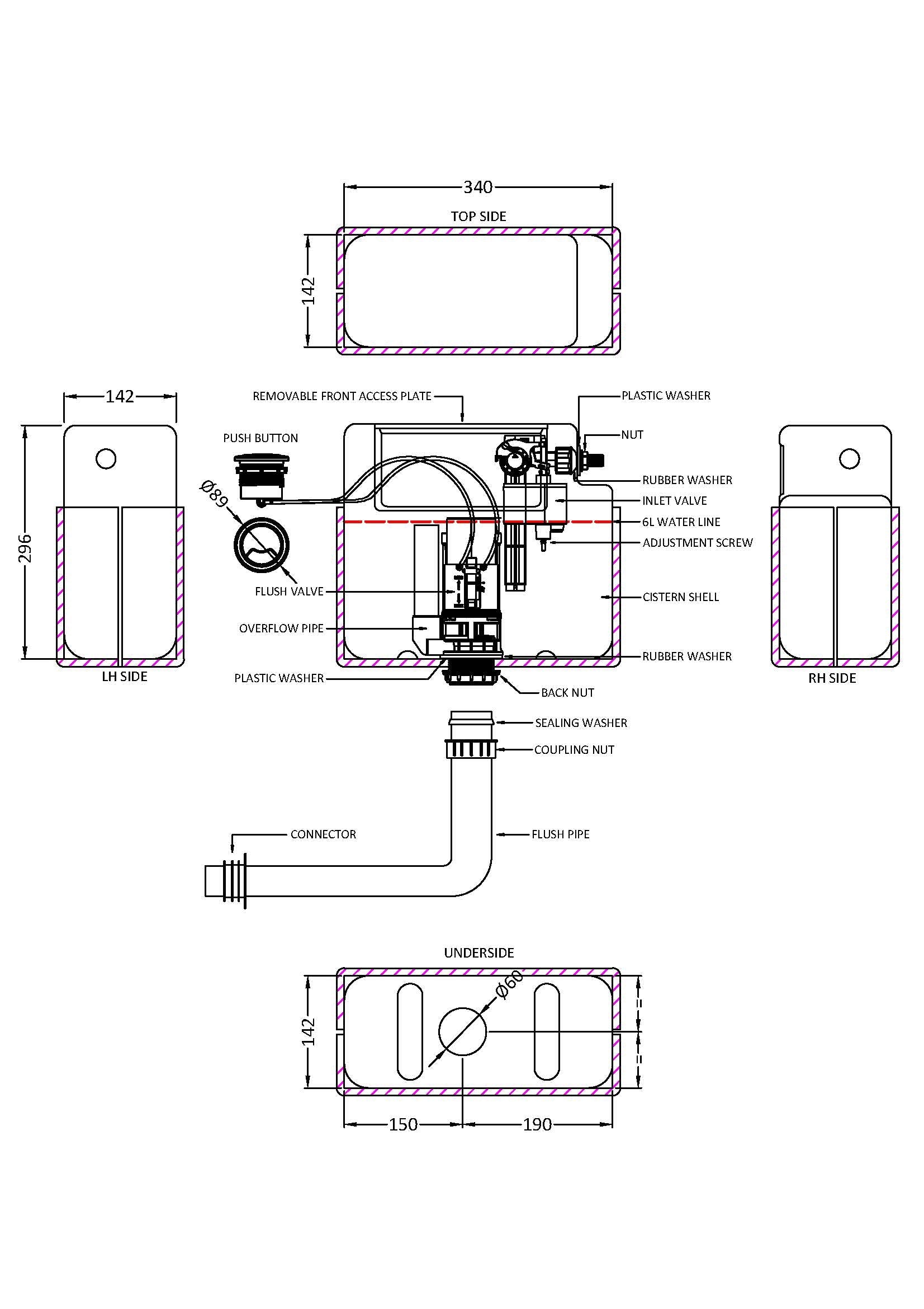 Ceramics Accessories Pneumatic Dual Flush Universal Access Concealed Cistern