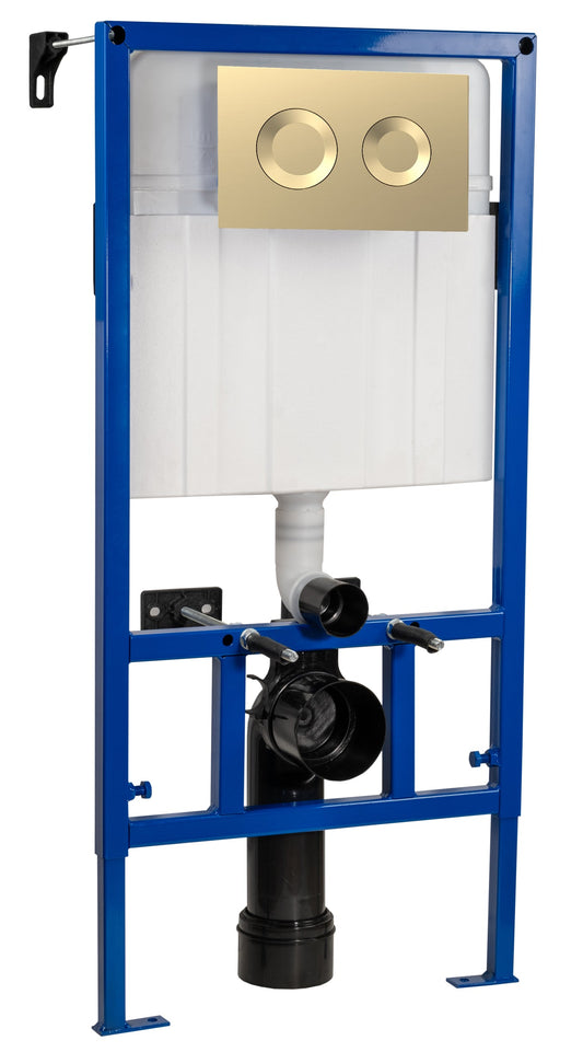 Hudson Reed 890mm High Brushed Brass Dual Flush Cistern Frame With Round Flush Plate