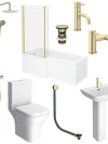 Arezzo Brushed Brass Complete Modern Bathroom Package (incl. L-Shaped Bath)